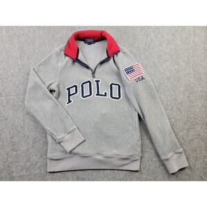 Polo Ralph Lauren Fleece Kids Medium (10-12) Gray 1/4 Zip Embroidered Flag USA